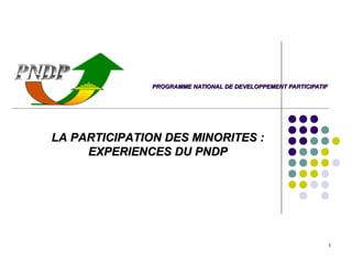 PROGRAMME NATIONAL DE DEVELOPPEMENT PARTICIPATIF




LA PARTICIPATION DES MINORITES :
     EXPERIENCES DU PNDP




                                                                  1
 