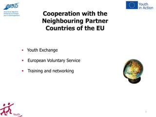 Cooperation with the
Neighbouring Partner
Countries of the EU

 Youth Exchange

 European Voluntary Service
 Training and networking

1

 