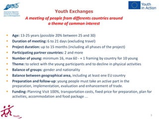 Youth Exchanges
A meeting of people from differents countries around
a theme of common interest











Age: 13-25 years (possible 20% between 25 and 30)
Duration of meeting: 6 to 21 days (excluding travel)
Project duration: up to 15 months (including all phases of the project)
Participating partner countries: 2 and more
Number of young: minimum 16, max 60 - + 1 framing by country for 10 young
Theme: to select with the young participants and to decline in physical activities
Balance of groups: gender and nationality
Balance between geographical area, including at least one EU country
Preparation and follow-up: young people must take an active part in the
preparation, implementation, evaluation and enhancement of trade.
Funding: Planning Visit 100%, transportation costs, fixed price for preparation, plan for
activities, accommodation and food package ...

3

 