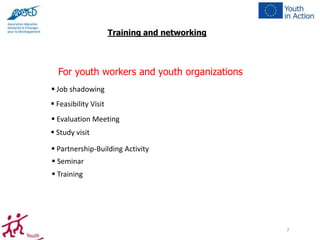 Training and networking

For youth workers and youth organizations
 Job shadowing
 Feasibility Visit
 Evaluation Meeting
 Study visit
 Partnership-Building Activity
 Seminar

 Training

7

 