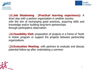 1.Job Shadowing (Practical learning experience): A
short stay with a partner organisation in another country
with the aim of exchanging good practices, acquiring skills and
knowledge and/or building long-term partnerships
through participative observation.
2.Feasibility Visit: preparation of projects in a frame of Youth
in Action program or support the projects between partnership
organizations
3.Evaluation Meeting: with partners to evaluate and discuss
potential follow-up after undertaking a common

8

 