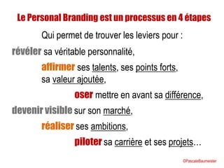 Qui permet de trouver les leviers pour :
révéler sa véritable personnalité,
affirmer ses talents, ses points forts,
sa valeur ajoutée,
oser mettre en avant sa différence,
devenir visible sur son marché,
réaliser ses ambitions,
piloter sa carrière et ses projets…
Le Personal Branding est un processus en 4 étapes
©PascaleBaumeister
 
