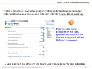 Achim Lummer Unternehmensberatung



  Peter und seine Produktmanager-Kollegen brauchen permanent
  Informationen aus Intra- und Internet mittels Social Bookmarking




                                                                              Peter versieht seine
                                                                              Lesezeichen mit Tags,
                                                                              speichert sie und nutzt sie
                                                                              themenbezogen mit seinen
                                                                              Kollegen zusammen.




  ... und können so effizient im Team und von jedem PC aus arbeiten.
© Achim Lummer, Planegg, www.achim-lummer.de und www.produktmanager-blog.de                                 - 11 -
 