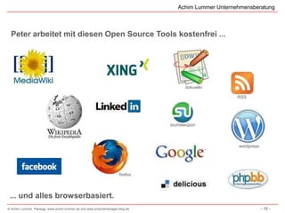 Achim Lummer Unternehmensberatung



  Peter arbeitet mit diesen Open Source Tools kostenfrei ...




                                                                                    dokuwiki

                                                                                                     RSS




                                                                              stumbleupon



                                                                                                     wordpress




                                                                    firefox




 ... und alles browserbasiert.
© Achim Lummer, Planegg, www.achim-lummer.de und www.produktmanager-blog.de                                      - 16 -
 