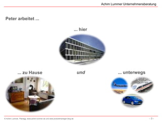 Achim Lummer Unternehmensberatung



 Peter arbeitet ...

                                                                              ... hier




              ... zu Hause                                                     und                 ... unterwegs




© Achim Lummer, Planegg, www.achim-lummer.de und www.produktmanager-blog.de                                          -3-
 