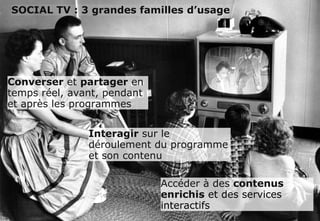 SOCIAL TV : 3 grandes familles d’usage




         Converser et partager en
         temps réel, avant, pendant
         et après les programmes


                        Interagir sur le
                        déroulement du programme
                        et son contenu

                                      Accéder à des contenus
                                      enrichis et des services
                                      interactifs
                                                                 5
simaje
 