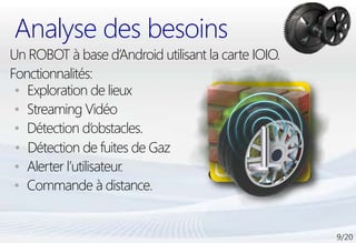 Analyse des besoins
Un ROBOT à base d’Android utilisant la carte IOIO.
Fonctionnalités:
 • Exploration de lieux
 • Streaming Vidéo
 • Détection d’obstacles.
 • Détection de fuites de Gaz
 • Alerter l’utilisateur.
 • Commande à distance.
 