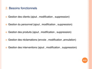 2. Besoins fonctionnels
 Gestion des clients (ajout , modification , suppression)
 Gestion du personnel (ajout , modification , suppression)
 Gestion des produits (ajout , modification , suppression)
 Gestion des réclamations (envoie , modification ,annulation)
 Gestion des interventions (ajout , modification , suppression)
9/22
 