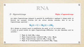 5. Apprentissage Règles d’apprentissage
Les règles d’apprentissage indiquent la quantité de modification à appliquer à chaque poids, en
fonction des exemples d’entrée (et des sorties désirées associées, dans le cas de
l’apprentissage supervisé) :
Où t désigne un instant avant la modification des poids, et t+1 un instant après.
Il existe un grand nombre de règles d’apprentissage différentes. Les plus répandues sont les
suivantes :
 Règle de Hebb ∆𝐖𝐢𝐣 = 𝜶𝐱 𝐢 𝐲𝐣
 Règle d’apprentissage compétitif ∆𝐖𝐢𝐣 = 𝛂(𝐱 𝐢 − 𝐖𝐢𝐣)𝐲𝐣
 Règle d’apprentissage supervisé ∆𝐖𝐢𝐣 = 𝜶𝐱 𝐢(𝐲𝐣 − 𝜽𝐣)
 Règle de la retropropagation du gradient ∆𝐖𝐢𝐣 = 𝛂𝛄𝐣 𝐲𝐢
𝐖𝐢𝐣 𝐭 + 𝟏 = 𝐖𝐢𝐣 𝐭 + ∆𝐖𝐢𝐣
RNA
 