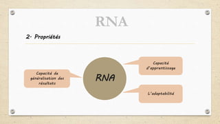 2. Propriétés
RNA
Capacité
d’apprentissage
L’adaptabilité
Capacité de
généralisation des
résultats
RNA
 