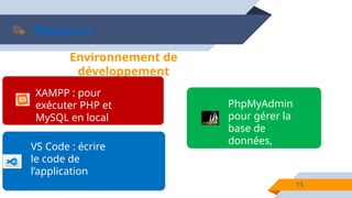 Réalisation
15
Environnement de
développement
XAMPP : pour
exécuter PHP et
MySQL en local.
VS Code : écrire
le code de
l’application
PhpMyAdmin
pour gérer la
base de
données,
 