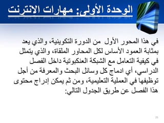 ‫األولى‬ ‫الوحدة‬:‫االنترنت‬ ‫مهارات‬
‫يعد‬ ‫والذي‬ ،‫التكوينية‬ ‫الدورة‬ ‫من‬ ‫األول‬ ‫المحور‬ ‫هذا‬ ‫في‬
‫يتمثل‬ ‫والذي‬ ،‫الملقاة‬ ‫المحاور‬ ‫لكل‬ ‫األساس‬ ‫العمود‬ ‫بمثابة‬
‫الشبكة‬ ‫مع‬ ‫التعامل‬ ‫كيفية‬ ‫في‬‫العنكبوتية‬‫الفصل‬ ‫داخل‬
‫أي‬ ،‫الدراسي‬‫ادماج‬‫أجل‬ ‫من‬ ‫والمعرفة‬ ‫البحث‬ ‫وسائل‬ ‫كل‬
‫محتو‬ ‫إدراج‬ ‫يمكن‬ ‫ثم‬ ‫ومن‬ ،‫التعليمية‬ ‫العملية‬ ‫في‬ ‫توظيفها‬‫ى‬
‫التالي‬ ‫الجدول‬ ‫طريق‬ ‫عن‬ ‫الفصل‬ ‫هذا‬:
25
 
