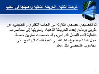 ‫الثانية‬ ‫الوحدة‬:‫التعليم‬ ‫في‬ ‫وأهميتها‬ ‫الذهنية‬ ‫الخريطة‬
‫ع‬ ،‫والتطبيقي‬ ‫النظري‬ ‫الجانب‬ ‫بين‬ ‫متفاوتة‬ ‫حصص‬ ‫تخصيص‬ ‫تم‬‫ن‬
‫محاضرات‬ ‫إلى‬ ‫وتحويلها‬ ،‫الذهنية‬ ‫الخريطة‬ ‫إعداد‬ ‫برنامج‬ ‫طريق‬
‫خاصة‬ ‫تمارين‬ ‫خصصت‬ ‫وقد‬ ،‫الدراسي‬ ‫الفصل‬ ‫أثناء‬ ‫تفاعلية‬
‫كيفية‬ ‫إلى‬ ‫إضافة‬ ،‫الموضوع‬ ‫هذا‬ ‫حول‬‫تتبيث‬‫على‬ ‫البرنامج‬
‫معلم‬ ‫لكل‬ ‫الشخصي‬ ‫الحاسوب‬
27
 