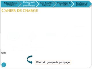 Contrôle
-Pmax=21,7 barPompe à
déplacement
positif
-Capacité journalière de 10
m3/ jour
- H fluide = 80% Hmax
fluide
- 1,5 " 3/8"
InjecteursRéservoir
fermé
Conduite
CAHIER DE CHARGE
Présentation de
l’entreprise
Choix du sujet
et
problématique
Etude du système
de pompage
Présentation de
la solution
Conclusion et
perspectives
Choix du groupe de pompage
7
 