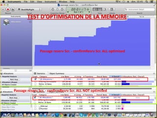 o Objectif : Avoir une application moins
encombrante/gourmande en mémoire et plus
légère.
o Les moyens de sa réalisation :
-> L’élimination des objets et des
variables inutiles en leur affectant la valeur
‘null’.
-> Travailler avec commonJS permet la
non-pollution du ‘global scope’ et de
l’utilisation des variables dans des sous-
contextes locaux.
Implémentation spécifique des
besoins non-fonctionnels
2) - Optimisation de la mémoire
Passage reserv Scr. - confirmResrv Scr. ALL NOT optimised
Passage reserv Scr. - confirmResrv Scr. ALL optimised
TEST D’OPTIMISATION DE LA MEMOIRE
Passage reserv Scr. - confirmResrv Scr. ALL NOT optimised
 