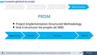 Contexte général du projet
Organisme d’accueil Problématique Objectifs Méthodologie
PRISM
￭ Project Implementation Structured Methodology
￭ Vise à structurer les projets de IRBS
Opportunité Cadrage Exécution Clôture
10
Enrichissement du catalogue des APIs dans le cadre de l'orientation Open Banking de la Société Générale ABS PFE 2022
/33
 