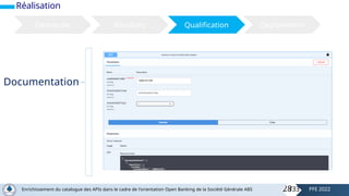 Réalisation
Démarche Résultats Qualification Déploiement
Documentation
28
Enrichissement du catalogue des APIs dans le cadre de l'orientation Open Banking de la Société Générale ABS PFE 2022
/33
 