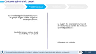 Contexte général du projet
Organisme d’accueil Problématique Objectifs Méthodologie
La nouvelle réglementation sécuritaire
du groupe exigent tout les projets de
passer par Unibank
01
02
03
04 600 services non exploités
Les SMGs n’existent pas tous dans la
couche Bridge en tant qu’API.
La plupart des projets communiquent
directement avec les CBS des filiales ce
qui n’est pas sécurisé
8
Enrichissement du catalogue des APIs dans le cadre de l'orientation Open Banking de la Société Générale ABS PFE 2022
/33
 