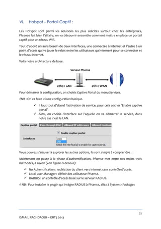 VI.

Hotspot – Portail Captif :

Les Hotspot sont parmi les solutions les plus solicités surtout chez les entreprises,
Pfsence fait bien l’affaire, on va découvrir ensemble comment mettre en place un portail
captif pour un réseau Wifi.
Tout d’abord on aura besoin de deux interfaces, une connectée à internet et l’autre à un
point d’accès qui va jouer le relais entre les utilisateurs qui viennent pour se connecter et
le réseau internet.
Voilà notre architecture de base.
otre
Serveur Pfsense

eth0 : LAN

eth1 : WAN

Pour démarrer la configuration, on choisis Captive Portal du menu Services
Services.
NB : On va faire ici une configuration basique.
 Il faut tout d’abord l’activation de service, pour cela cocher ‘Enable captive
portal’.
 Ainsi, on choisis l’interface sur l’aquelle on va démarrer le service, dans
notre cas c’est le LAN.

Vous pouvez s’amuser à explorer les autres options, ils sont simple à comprendre …
Maintenant on passe à la phase d’authentification, Pfsense met entre nos mains trois
méthodes, à savoir (voir figure ci desous)
desous):
 No Auhentification : rediriction du client vers internet sans contrôle d’accès.
 Local user Manager : définir des utilisateur Pf
Pfsense.
 RADIUS : un contrôle d’accès basé sur le serveur RADIUS.
 NB : Pour installer le plugin qui intègre RADIUS à Pfsense, allez à System > Packages

25

ISMAIL RACHDAOUI – GRT5 2013

 