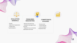 ÉVALUATION
GÉNÉRALE
PROBLÈMES
RENCONTRÉS
COMPÉTENCES
ACQUISES
18
 