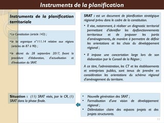 Instruments de la planification
territoriale
Situation : (11) SRAT visés, par le CR, (1)
SRAT dans la phase finale.
Instruments de la planification
SRAT : est un document de planification stratégique
régional prévu dans le cadre de la constitution.
• Il vise, notamment, à réaliser un diagnostic territorial
permettant d’identifier les dysfonctionnements
territoriaux et de proposer les partis
d’aménagements, de manière à permettre de définir
les orientations et les choix du développement
régional ;
• Il impose une concertation large lors de son
élaboration par le Conseil de la Région ;
A ce titre, l'administration, les CT et les établissements
et entreprises publics, sont tenus de prendre en
considération les orientations du schéma régional
d'aménagement du territoire.
•La Constitution (article 143) ;
•la loi organique n°111.14 relative aux régions
(articles de 87 à 90) ;
•le décret du 28 septembre 2017, fixant la
procédure d’élaboration, d’actualisation et
d’évaluation du SRAT.
11
• Nouvelle génération des SRAT ;
• Formalisation d’une vision de développement
régional ;
• Délimitation claire des espaces projets et des
projets structurants.
 