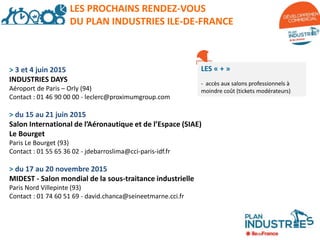 LES « + »
- accès aux salons professionnels à
moindre coût (tickets modérateurs)
LES PROCHAINS RENDEZ-VOUS
DU PLAN INDUSTRIES ILE-DE-FRANCE
> 3 et 4 juin 2015
INDUSTRIES DAYS
Aéroport de Paris – Orly (94)
Contact : 01 46 90 00 00 - leclerc@proximumgroup.com
> du 15 au 21 juin 2015
Salon International de l’Aéronautique et de l’Espace (SIAE)
Le Bourget
Paris Le Bourget (93)
Contact : 01 55 65 36 02 - jdebarroslima@cci-paris-idf.fr
> du 17 au 20 novembre 2015
MIDEST - Salon mondial de la sous-traitance industrielle
Paris Nord Villepinte (93)
Contact : 01 74 60 51 69 - david.chanca@seineetmarne.cci.fr
 