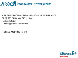 > PRESENTATION DU PLAN INDUSTRIES ILE-DE-FRANCE
ET DE SES DEUX VOLETS (1H00) :
- Usine du futur
- Développement commercial
> SPEED-MEETING (1H10)
PROGRAMME : 2 TEMPS FORTS
 