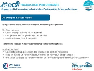 Des exemples d’actions menées
Réorganiser un atelier dans une entreprise de mécanique de précision
Résultats obtenus :
 Gain de temps et donc de productivité
 Changement de comportement des salariés
 Respect des outils et du matériel
Transmettre un savoir-faire efficacement chez un fabricant d’optiques
Résultats obtenus :
 Clarification des processus et des pratiques de gestion industrielle
 Mise en place d’un référentiel pour former les nouveaux collaborateurs
 Une vision partagée du fonctionnement de l’entreprise pour un service clients amélioré
Engager les PME du secteur industriel dans l’optimisation de leur performance
PRODUCTION PERFORMANTE
 