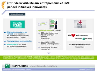 Présentation Pôle Innovation BNP Paribas Marseille - 01/02/2015
Offrir de la visibilité aux entrepreneurs et PME
par des i...