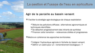 Agir de la parcelle au bassin versant
 Faciliter la stratégie agro-écologique de chaque exploitation
Réduire les pollutions diffuses : alternatives agronomiques et
techniques identifiées
Se détacher progressivement des intrants de synthèse
Financer cette transition – redevances ciblées et progressives
Mettre en cohérence les approches territoriales:
Intégrer l’hydraulique agricole à l’échelle du bassin versant
Définir un cadre pour un « remembrement écologique » ?
 