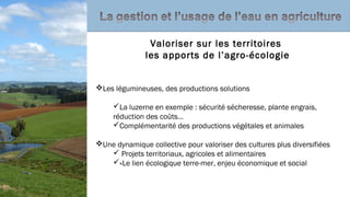 Les légumineuses, des productions solutions
La luzerne en exemple : sécurité sécheresse, plante engrais,
réduction des coûts… 
Complémentarité des productions végétales et animales
Une dynamique collective pour valoriser des cultures plus diversifiées
 Projets territoriaux, agricoles et alimentaires
«Le lien écologique terre-mer, enjeu économique et social
Valoriser sur les territoires
les apports de l’agro-écologie
 