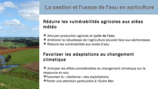 Réduire les vulnérabilités agricoles aux aléas
météo
 Articuler production agricole et cycle de l’eau
 Améliorer la robustesse de l’agriculture pluviale face aux sécheresses
 Réduire les vulnérabilités aux excès d’eau
Favoriser les adaptations au changement
climatique
 Anticiper les effets considérables du changement climatique sur la
ressource en eau
Favoriser la « résilience » des exploitations
Porter une attention particulière à l’Outre Mer
 