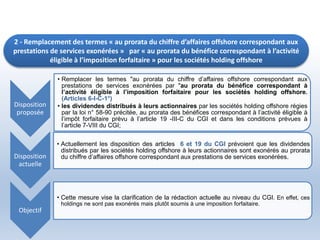 2 - Remplacement des termes « au prorata du chiffre d’affaires offshore correspondant aux
prestations de services exonérées » par « au prorata du bénéfice correspondant à l’activité
éligible à l’imposition forfaitaire » pour les sociétés holding offshore
Disposition
proposée
• Remplacer les termes "au prorata du chiffre d’affaires offshore correspondant aux
prestations de services exonérées par "au prorata du bénéfice correspondant à
l’activité éligible à l’imposition forfaitaire pour les sociétés holding offshore.
(Articles 6-I-C-1°)
• les dividendes distribués à leurs actionnaires par les sociétés holding offshore régies
par la loi n° 58-90 précitée, au prorata des bénéfices correspondant à l’activité éligible à
l’impôt forfaitaire prévu à l’article 19 -III-C du CGI et dans les conditions prévues à
l’article 7-VIII du CGI;
Disposition
actuelle
• Actuellement les disposition des articles 6 et 19 du CGI prévoient que les dividendes
distribués par les sociétés holding offshore à leurs actionnaires sont exonérés au prorata
du chiffre d’affaires offshore correspondant aux prestations de services exonérées.
Objectif
• Cette mesure vise la clarification de la rédaction actuelle au niveau du CGI. En effet, ces
holdings ne sont pas exonérés mais plutôt soumis à une imposition forfaitaire.
 