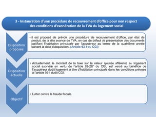 3 - Instauration d’une procédure de recouvrement d’office pour non respect
des conditions d’exonération de la TVA du logement social
Disposition
proposée
• il est proposé de prévoir une procédure de recouvrement d’office, par état de
produit, de la dite avance de TVA, en cas de défaut de présentation des documents
justifiant l’habitation principale par l’acquéreur au terme de la quatrième année
suivant la date d’acquisition. (Article 93-I du CGI)
Disposition
actuelle
• Actuellement, le montant de la taxe sur la valeur ajoutée afférente au logement
social exonéré en vertu de l’article 92-28° du CGI, est versé au bénéfice de
l’acquéreur dudit logement à titre d’habitation principale dans les conditions prévues
à l’article 93-I dudit CGI.
Objectif
• Lutter contre la fraude fiscale.
 