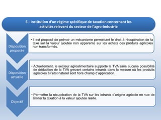 5 - Institution d’un régime spécifique de taxation concernant les
activités relevant du secteur de l’agro-industrie
Disposition
proposée
• Il est proposé de prévoir un mécanisme permettant le droit à récupération de la
taxe sur la valeur ajoutée non apparente sur les achats des produits agricoles
non transformés.
Disposition
actuelle
• Actuellement, le secteur agroalimentaire supporte la TVA sans aucune possibilité
de déduction de la TVA grevant certains intrants dans la mesure où les produits
agricoles à l’état naturel sont hors champ d’application.
Objectif
• Permettre la récupération de la TVA sur les intrants d’origine agricole en vue de
limiter la taxation à la valeur ajoutée réelle.
 