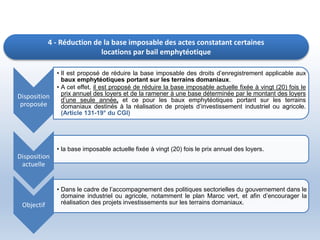 4 - Réduction de la base imposable des actes constatant certaines
locations par bail emphytéotique
Disposition
proposée
• Il est proposé de réduire la base imposable des droits d’enregistrement applicable aux
baux emphytéotiques portant sur les terrains domaniaux.
• A cet effet, il est proposé de réduire la base imposable actuelle fixée à vingt (20) fois le
prix annuel des loyers et de la ramener à une base déterminée par le montant des loyers
d’une seule année, et ce pour les baux emphytéotiques portant sur les terrains
domaniaux destinés à la réalisation de projets d’investissement industriel ou agricole.
(Article 131-19° du CGI)
Disposition
actuelle
• la base imposable actuelle fixée à vingt (20) fois le prix annuel des loyers.
Objectif
• Dans le cadre de l’accompagnement des politiques sectorielles du gouvernement dans le
domaine industriel ou agricole, notamment le plan Maroc vert, et afin d’encourager la
réalisation des projets investissements sur les terrains domaniaux.
 