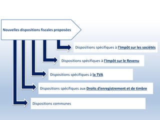 Dispositions spécifiques à l’Impôt sur les sociétés
Dispositions spécifiques à l’Impôt sur le Revenu
Dispositions spécifiques à la TVA
Dispositions spécifiques aux Droits d’enregistrement et de timbre
Dispositions communes
Nouvelles dispositions fiscales proposées
 