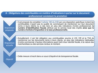 8 - Obligations des contribuables en matière d’indications à porter sur le document
professionnel constatant la prestation
Disposition
proposée
• il est proposé de compléter l’article 145 du CGI par une disposition spécifique invitant les
contribuables n’ayant pas la qualité de commerçant de mentionner sur tout document
remis à leurs clients ou à des tiers en plus des indications d’ordre professionnel, le
numéro d’identification fiscale attribué par le service local des impôts ainsi que le
numéro d’article d’imposition à la taxe professionnelle.
Disposition
actuelle
• Actuellement, il est fait obligation aux contribuables soumis à L’IS, l’IR et la TVA de
mentionner sur les documents remis à leurs clients, en plus des indications habituelles
d’ordre commercial, d’autres informations ayant trait à leur identité fiscale, à la nature des
marchandises ou des services rendus, le montant.
Objectif
• Cette mesure s’inscrit dans un souci d’équité et de transparence fiscale.
 