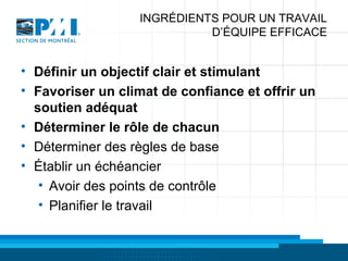 INGRÉDIENTS POUR UN TRAVAIL
D’ÉQUIPE EFFICACE
• Définir un objectif clair et stimulant
• Favoriser un climat de confiance et offrir un
soutien adéquat
• Déterminer le rôle de chacun
• Déterminer des règles de base
• Établir un échéancier
• Avoir des points de contrôle
• Planifier le travail
 