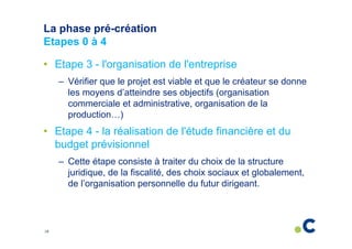 La phase pré-création
Etapes 0 à 4
• Etape 3 - l'organisation de l'entreprise
– Vérifier que le projet est viable et que le créateur se donne
les moyens d’atteindre ses objectifs (organisation
commerciale et administrative, organisation de la
production…)

• Etape 4 - la réalisation de l'étude financière et du
budget prévisionnel
– Cette étape consiste à traiter du choix de la structure
juridique, de la fiscalité, des choix sociaux et globalement,
de l’organisation personnelle du futur dirigeant.

18

 