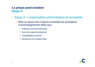 La phase post-création
Etape 9
• Etape 9 - L'organisation administrative et comptable
– Mise en place avec l’expert-comptable de prestations
d’accompagnement telles que :
• Tableaux de bord mensuels
• Suivi de la jeune entreprise
• Comptabilité courante
• Ouverture d’un portail client

21

 