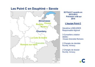 Les Point C en Dauphiné – Savoie
62 Point C ouverts en
2012-2013
Prévision à 80 sur
2014

•Annemasse
Cluses
Rumilly
Annecy
•Chambéry
La Cote St André
Grenoble
Romans sur Isère

L’équipe Point C
Géraldine LEBEURIER
Responsable régional
3 Conseillers création
dédiés :
Cluses Grenoble Romans
2 Chargés de clientèle
Rumilly Annecy
2 Chargés de dossier
Rumilly Annecy

24

 