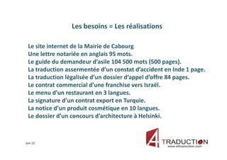 Les besoins = Les réalisations

 Le site internet de la Mairie de Cabourg
 Une lettre notariée en anglais 95 mots.
 Le guide du demandeur d’asile 104 500 mots (500 pages).
 La traduction assermentée d’un constat d’accident en Inde 1 page.
 La traduction légalisée d’un dossier d’appel d’offre 84 pages.
 Le contrat commercial d’une franchise vers Israël.
 Le menu d’un restaurant en 3 langues.
 La signature d’un contrat export en Turquie.
 La notice d’un produit cosmétique en 10 langues.
 Le dossier d’un concours d’architecture à Helsinki.



juin 12
 