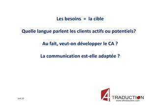 Les besoins = la cible

    Quelle langue parlent les clients actifs ou potentiels?

             Au fait, veut-on développer le CA ?

             La communication est-elle adaptée ?




juin 12
 