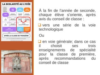 À la fin de l’année de seconde,
chaque élève s’oriente, après
avis du conseil de classe :
 vers une série de la voie
technologique
Ou
 en voie générale; dans ce cas
il choisit ses trois
enseignements de spécialité
pour la classe de première,
après recommandations du
conseil de classe
 