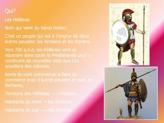 Qui?
Les Héllènes
Nom qui vient du héros Hellen.
C’est un peuple qui est à l’origine de deux
autres peuples: les Achéens et les Doriens.
Vers 700 a.n.e, les Héllènes vont se
répandre dans toute la Méditéranée pour y
construire de nouvelles cités que l’on
appellera des colonies.
Après ils vont commencer à faire du
commerce avec d’autres peuples et avec les
Barbares.
Territoire des Héllènes l’Hellade.
Habitants du nord les Achéens
Habitants du sud les Doriens
 