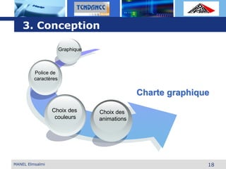 L o g o
Charte graphique
Choix des
couleurs
Police de
caractères
Graphique
MANEL Elmsalmi
Choix des
animations
3. Conception
18
 
