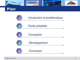 L o g o
1MANEL Elmsalmi
Plan
Introduction et problématique1
Etude préalable2
Conception3
Développement4
Conclusion5
 