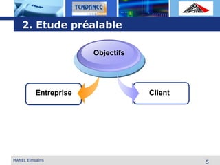 L o g o
Objectifs
MANEL Elmsalmi
5
Entreprise
2. Etude préalable
Client
 