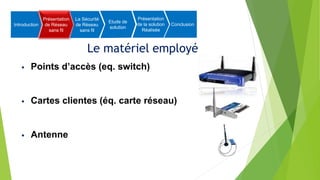 Le matériel employé
• Points d’accès (eq. switch)
• Cartes clientes (éq. carte réseau)
• Antenne
Introduction
Présentation
de Réseau
sans fil
La Sécurité
de Réseau
sans fil
Etude de
solution
Présentation
de la solution
Réalisée
Conclusion
 